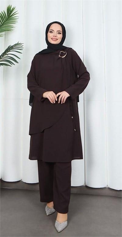 Yandan Tokalı Pantolonlu Ayrobin Takım Kahverengi   HNT8591