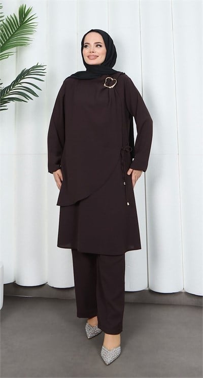 Yandan Tokalı Pantolonlu Ayrobin Takım Kahverengi   HNT8591
