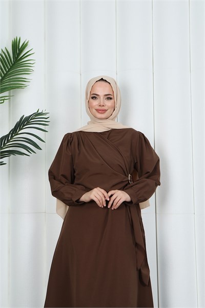 Yandan Tokalı Terikoton Elbise Acı Kahve  HNT0329