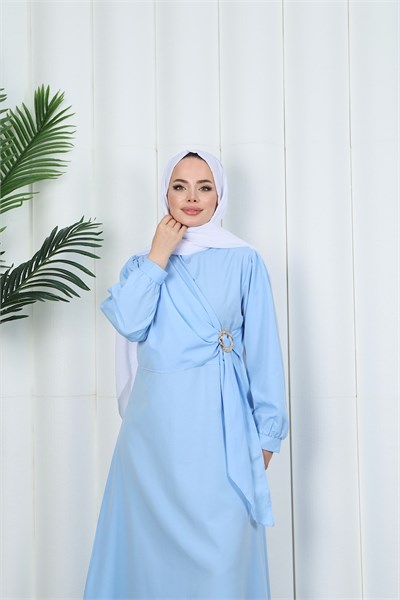 Yandan Tokalı Terikoton Elbise Bebe Mavisi  HNT0329