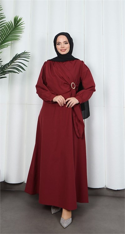 Yandan Tokalı Terikoton Elbise Bordo  HNT0329