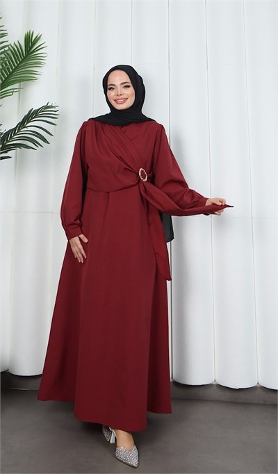 Yandan Tokalı Terikoton Elbise Bordo  HNT0329