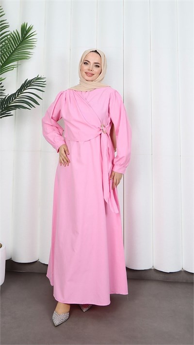 Yandan Tokalı Terikoton Elbise Pembe   HNT0329