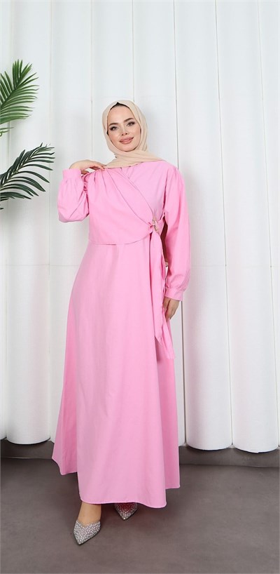 Yandan Tokalı Terikoton Elbise Pembe   HNT0329