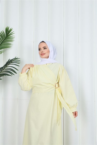 Yandan Tokalı Terikoton Elbise Sarı   HNT0329