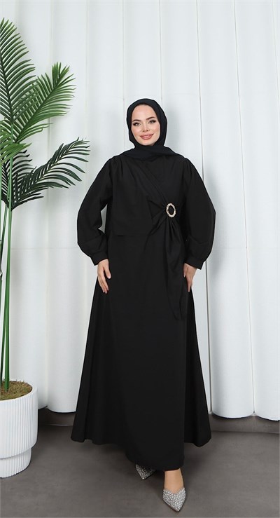 Yandan Tokalı Terikoton Elbise Siyah HNT0329