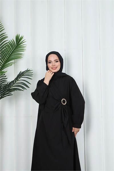 Yandan Tokalı Terikoton Elbise Siyah HNT0329