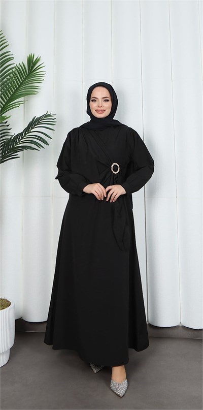 Yandan Tokalı Terikoton Elbise Siyah HNT0329