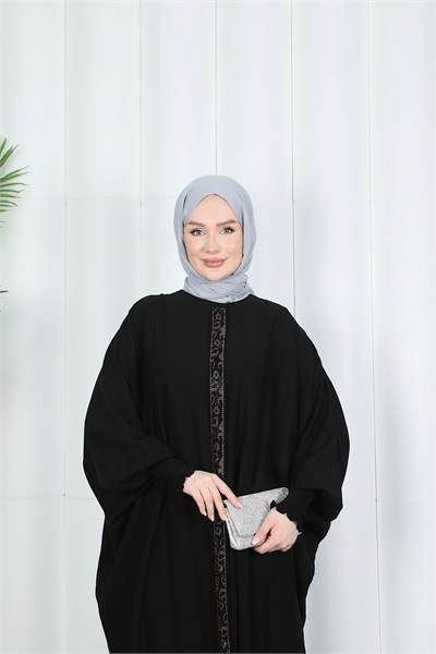 Yarasa Kol  Leopar Taşlı Elbise Siyah HNT8526