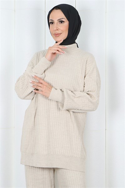 Yarım Balıkçı Yaka Kol Detaylı Pantalonlu Triko Takım  Krem  HNT2811