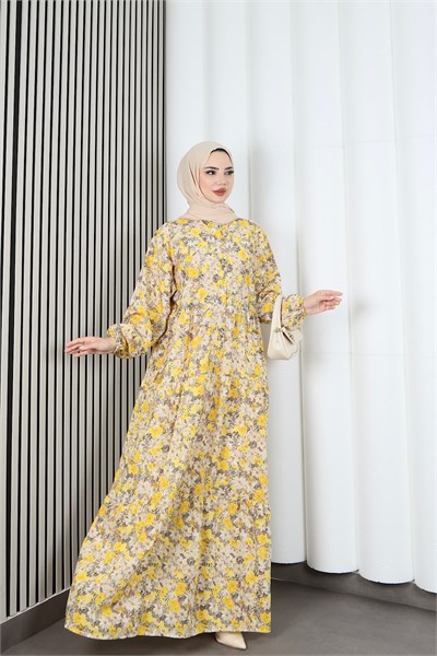 Yarım Pat  Düğmeli Papatya  Desenli Modal Kumaş Elbise Sarı  HNT2129