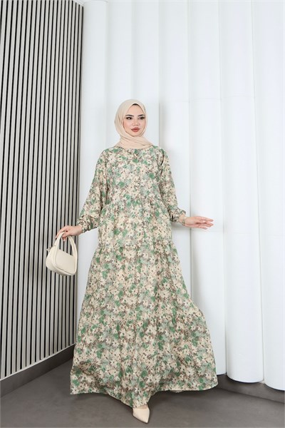 Yarım Pat  Düğmeli Papatya  Desenli Modal Kumaş Elbise Yeşil   HNT2129