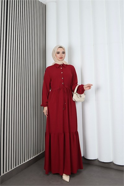 Yarım Pat Düğmeli Beli Bağcıklı Ayrobin Elbise Bordo HNT85451