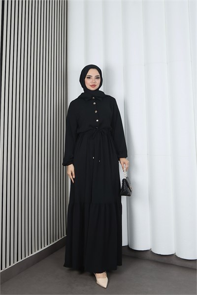 Yarım Pat Düğmeli Beli Bağcıklı Ayrobin Elbise Siyah  HNT85451