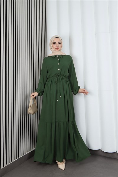 Yarım Pat Düğmeli Beli Bağcıklı Ayrobin Elbise Haki   HNT85451