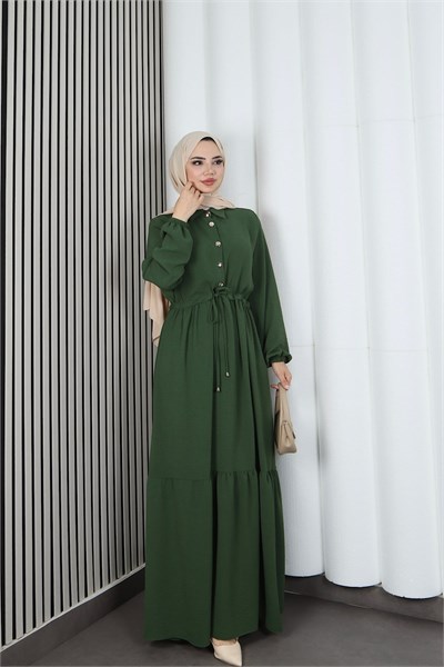 Yarım Pat Düğmeli Beli Bağcıklı Ayrobin Elbise Haki   HNT85451