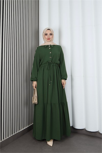 Yarım Pat Düğmeli Beli Bağcıklı Ayrobin Elbise Haki   HNT85451