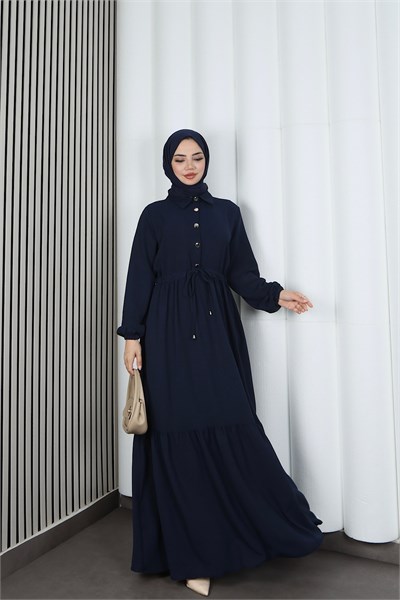 Yarım Pat Düğmeli Beli Bağcıklı Ayrobin Elbise Lacivert   HNT85451