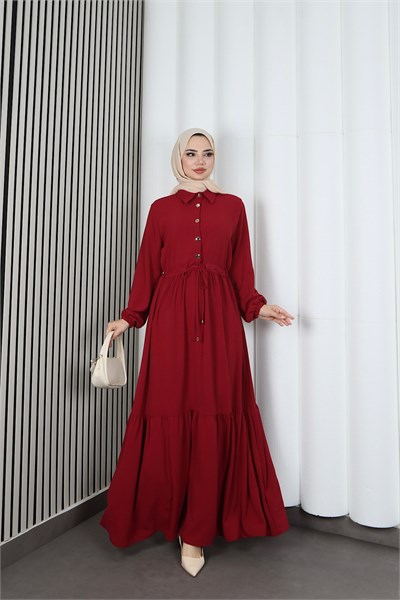 Yarım Pat Düğmeli Beli Bağcıklı Ayrobin Elbise Bordo HNT85451