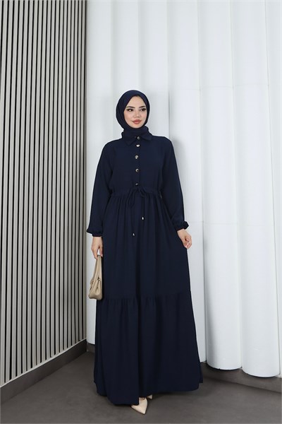 Yarım Pat Düğmeli Beli Bağcıklı Ayrobin Elbise Lacivert   HNT85451