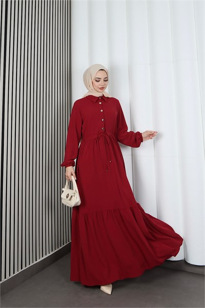 Yarım Pat Düğmeli Beli Bağcıklı Ayrobin Elbise Bordo HNT85451
