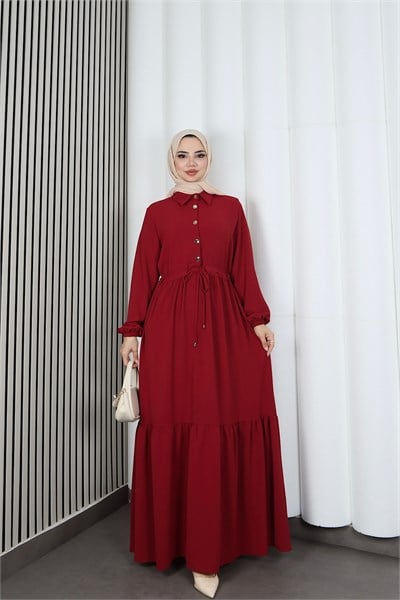 Yarım Pat Düğmeli Beli Bağcıklı Ayrobin Elbise Bordo HNT85451