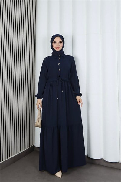 Yarım Pat Düğmeli Beli Bağcıklı Ayrobin Elbise Lacivert   HNT85451
