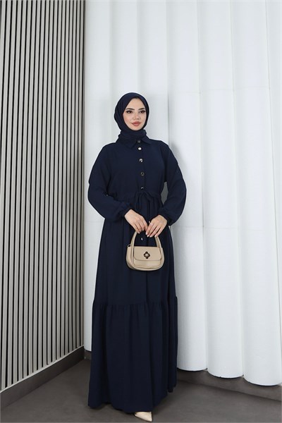 Yarım Pat Düğmeli Beli Bağcıklı Ayrobin Elbise Lacivert   HNT85451