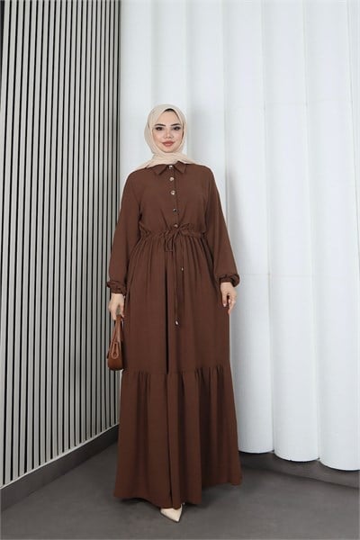 Yarım Pat Düğmeli Beli Bağcıklı Ayrobin Elbise Kahverengi  HNT85451