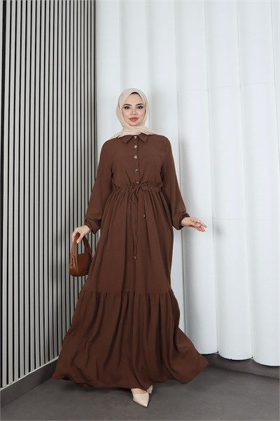 Yarım Pat Düğmeli Beli Bağcıklı Ayrobin Elbise Kahverengi  HNT85451