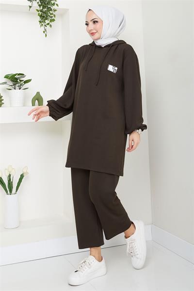 Arma Detaylı Kapüşonlu İkili Takım Acı Kahverengi HM2654