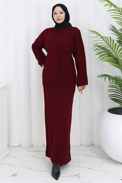 Astarlı Ajurlu Elbise Bordo HM2839