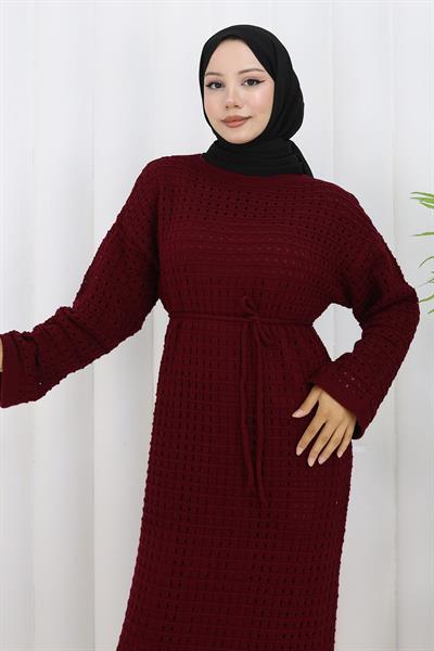 Astarlı Ajurlu Elbise Bordo HM2839