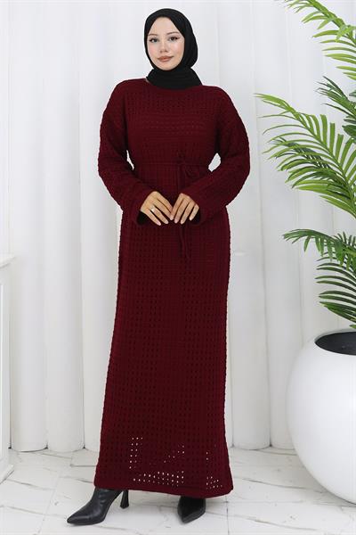 Astarlı Ajurlu Elbise Bordo HM2839