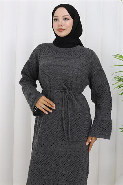Astarlı Bağcıklı Ajurlu Elbise Füme HM2840