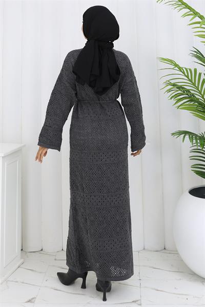 Astarlı Bağcıklı Ajurlu Elbise Füme HM2840