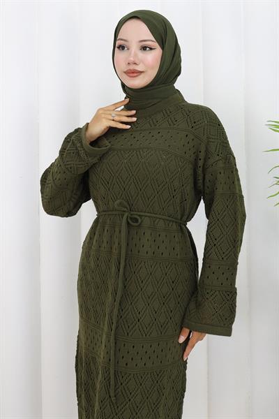 Astarlı Bağcıklı Ajurlu Elbise Haki HM2840
