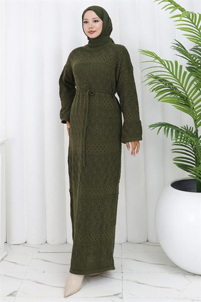 Astarlı Bağcıklı Ajurlu Elbise Haki HM2840