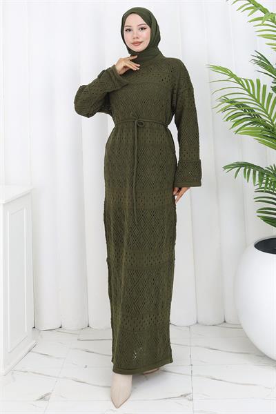 Astarlı Bağcıklı Ajurlu Elbise Haki HM2840