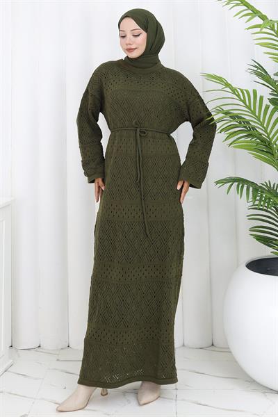 Astarlı Bağcıklı Ajurlu Elbise Haki HM2840