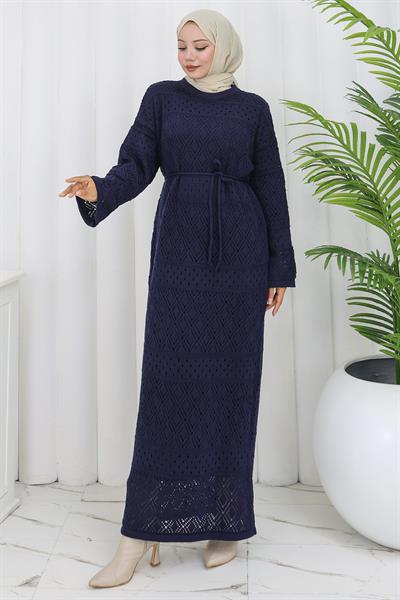 Astarlı Bağcıklı Ajurlu Elbise Lacivert HM2840