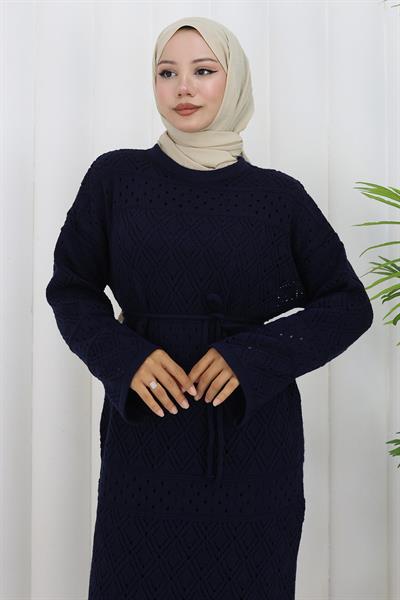 Astarlı Bağcıklı Ajurlu Elbise Lacivert HM2840