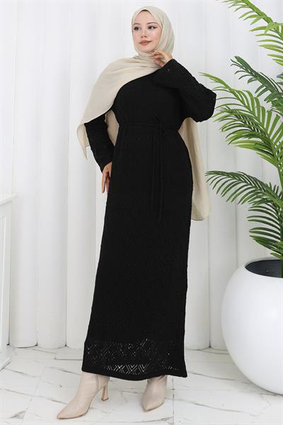 Astarlı Bağcıklı Ajurlu Elbise Siyah HM2840