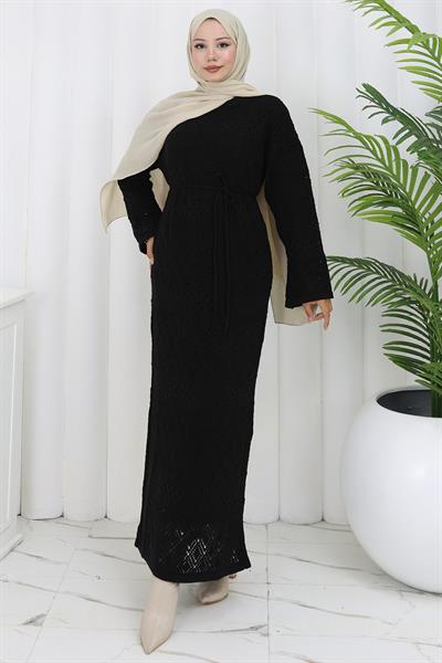 Astarlı Bağcıklı Ajurlu Elbise Siyah HM2840