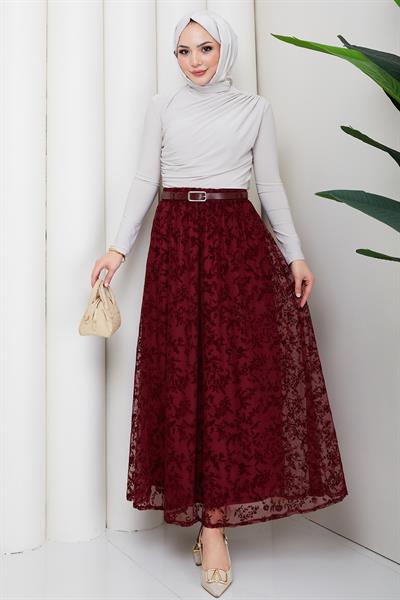 Astarlı Kemerli Çiçek Desenli Tül Etek Bordo HM2877