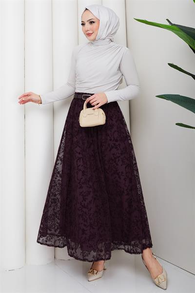 Astarlı Kemerli Çiçek Desenli Tül Etek Mürdüm HM2877