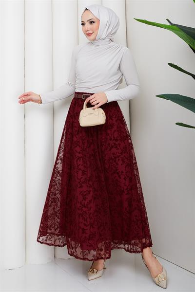 Astarlı Kemerli Çiçek Desenli Tül Etek Bordo HM2877