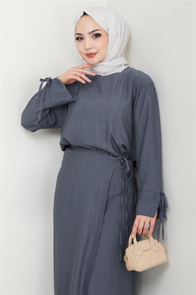Bağcık Detaylı Etekli Takım Füme HM2724