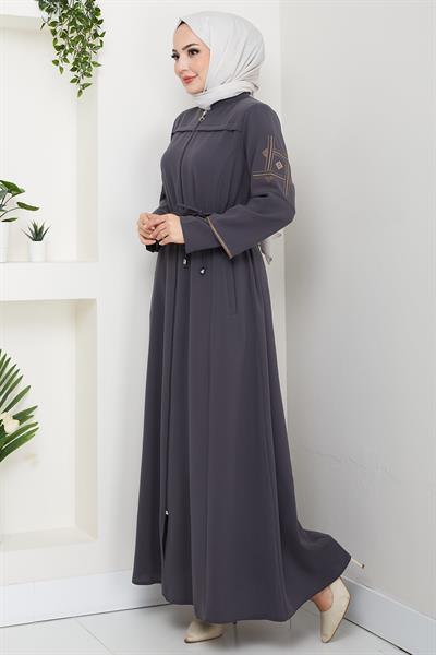 Bağcıklı Kolu Nakışlı Ferace Füme HM2854
