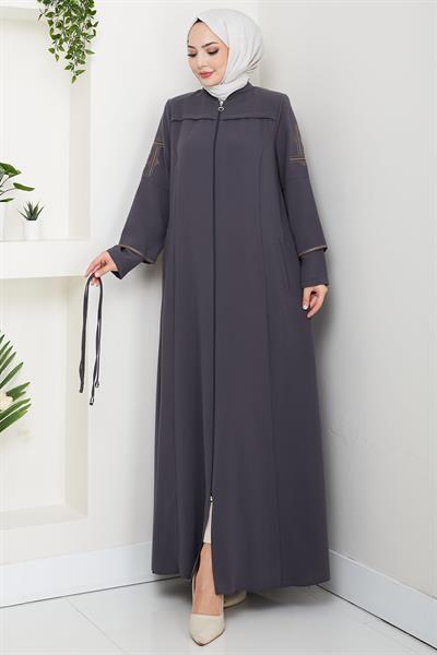 Bağcıklı Kolu Nakışlı Ferace Füme HM2854
